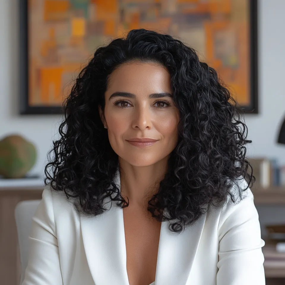 Mulher portuguesa sorrindo no escritório